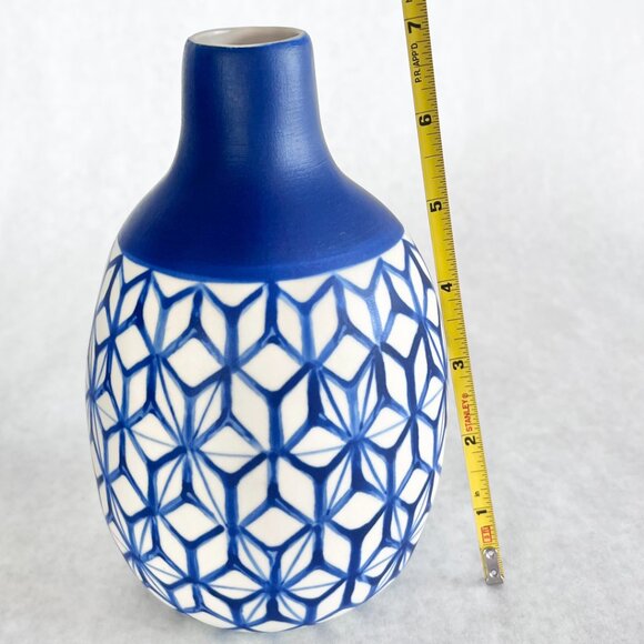 Vintage Artisan De Luxe Home Boho Thai Vase Royal Blue Geometric Print 7” - Picture 3 of 13